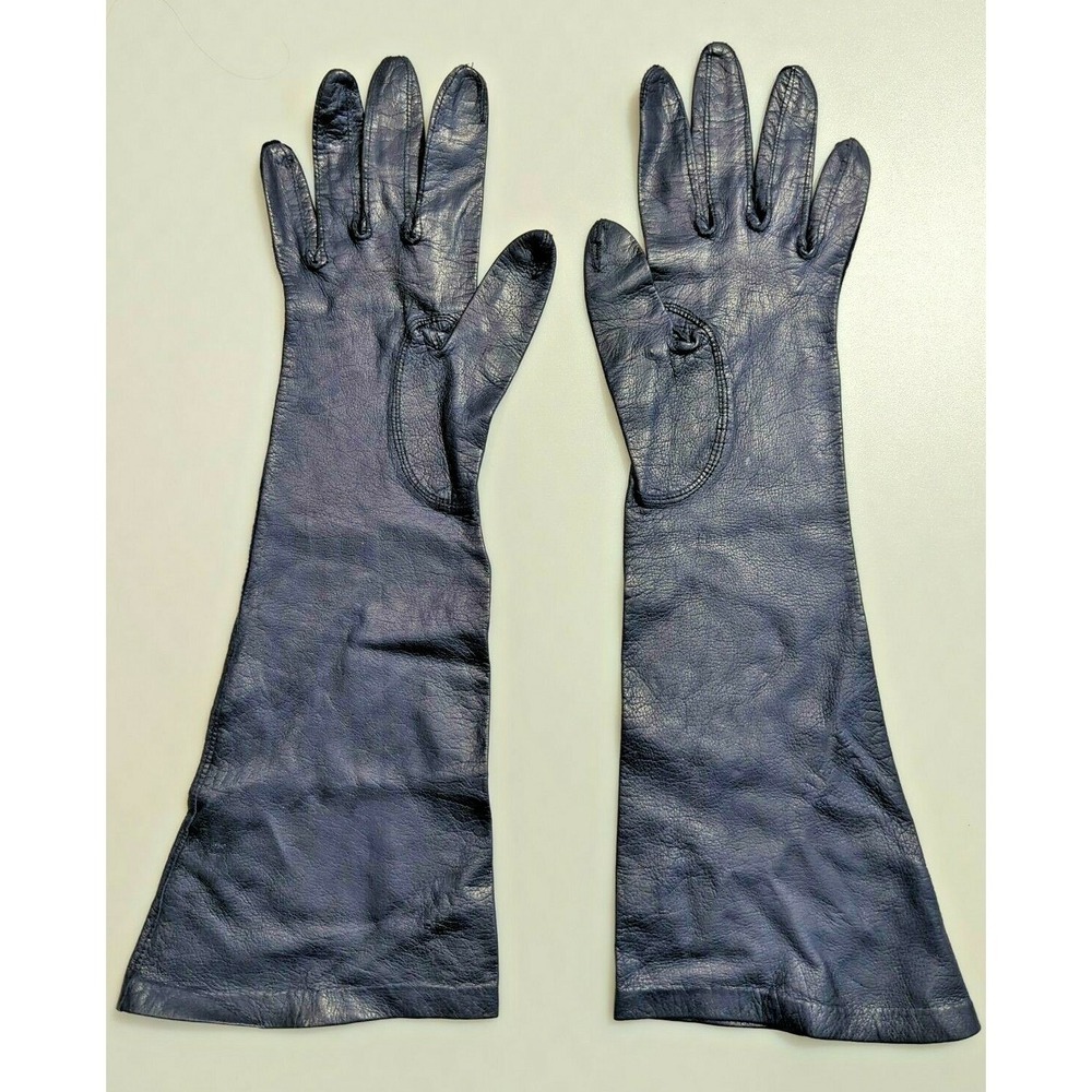 Vintage Made in France‎ Long Leather Gloves Womens Size 6.5 Navy Blue